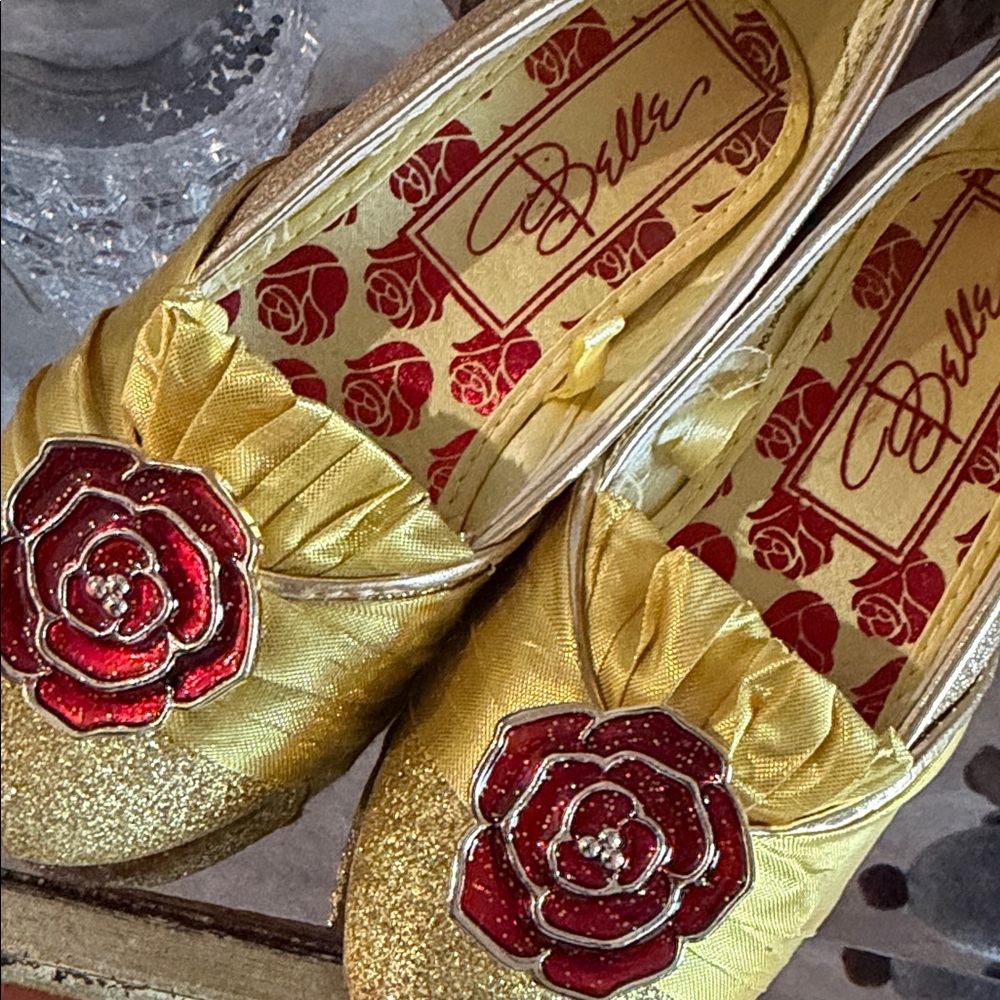 Disney Princess Belle Little Girls Gold Flats with Red Floral Accent 11/12